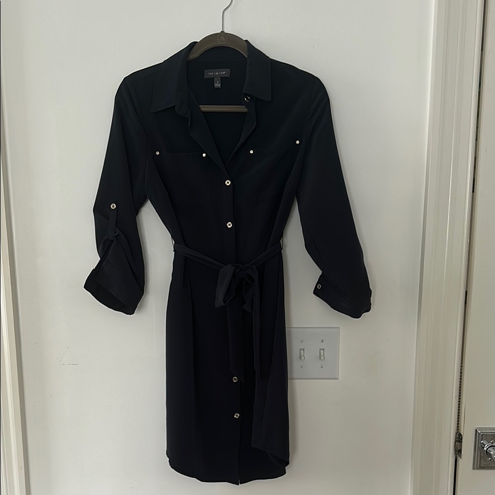 Express Navy and White 3/4 Sleeve Notched Collar Shirt Dress